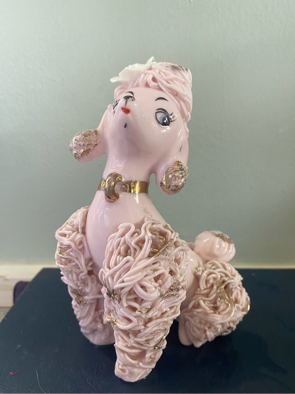 Pink Spaghetti Decorative Poodle Figurine with Gold Accents 1950s Kitsch